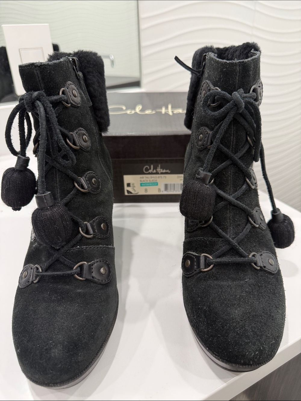 Cole Haan Black Suede waterproof Lace-Up Ankle Boots